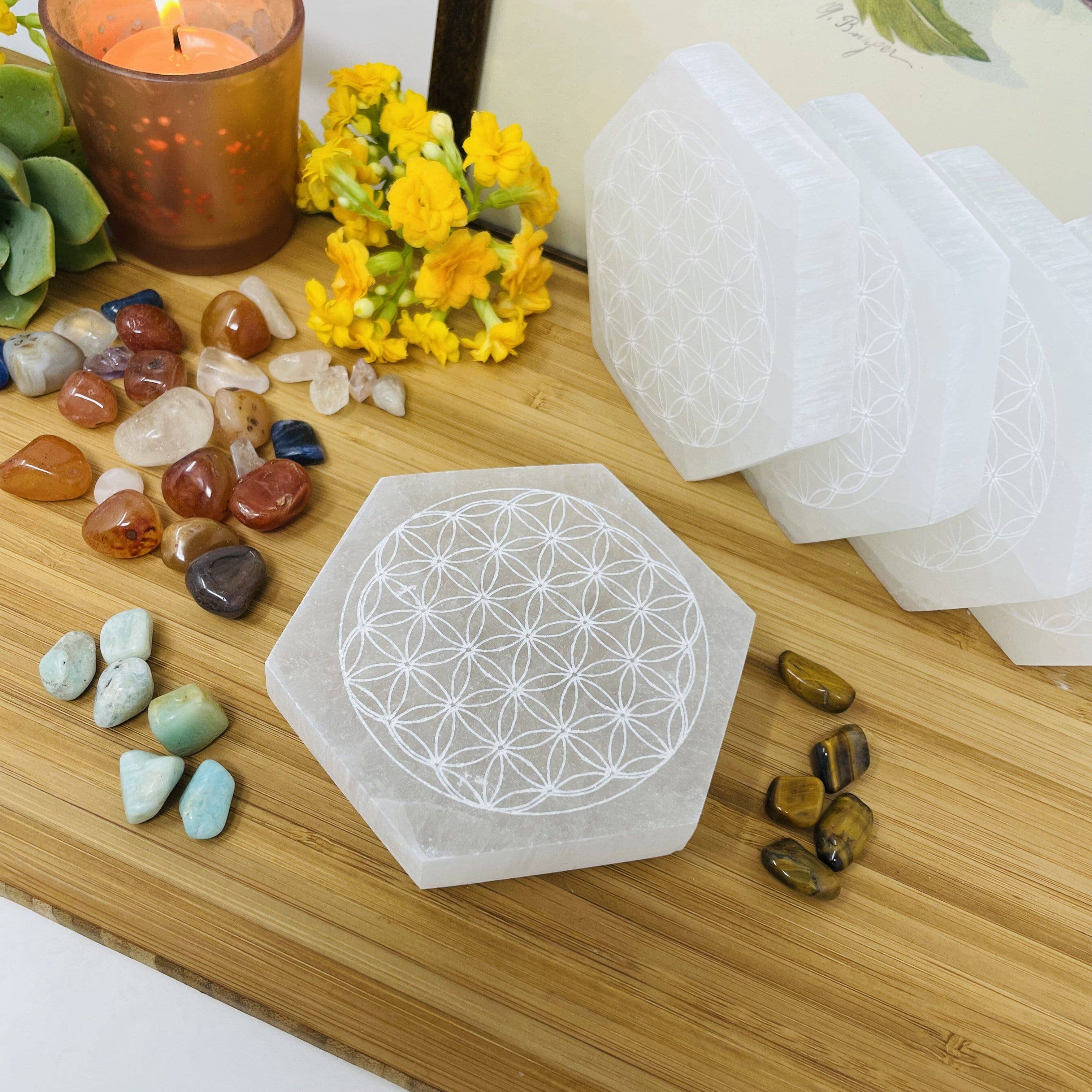 Crystal Selenite Hexagon Engraved Flower of Life
