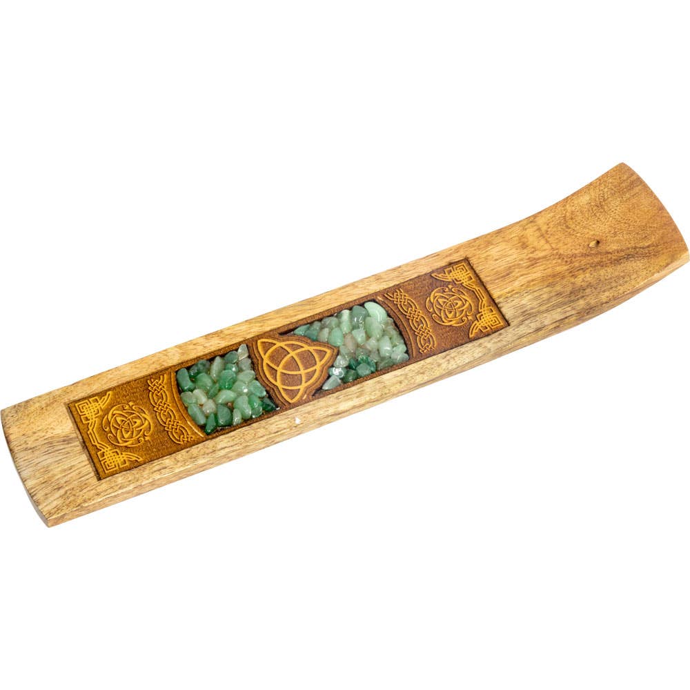 Laser Etched Wood Incense Holder - Triquetra w/ Green  Aventurine