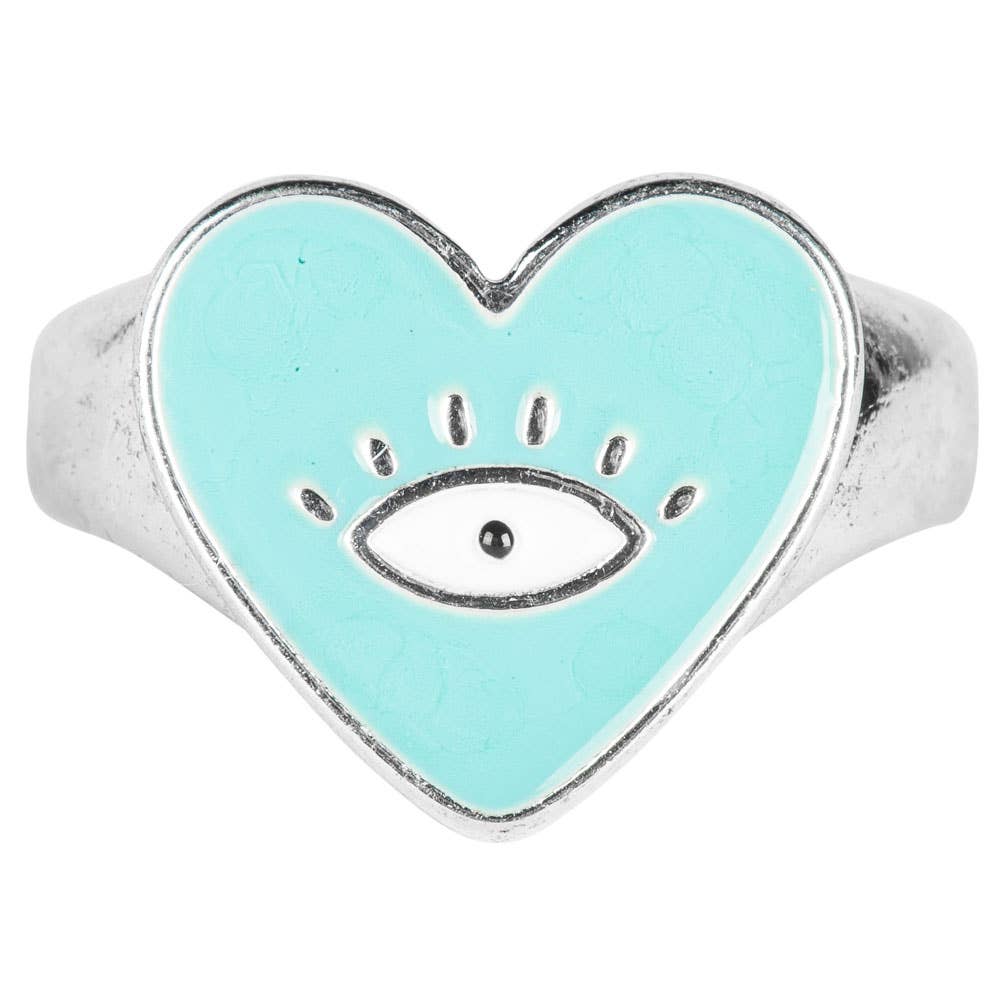 TEAL HEART EVIL EYE ADJUSTABLE RING