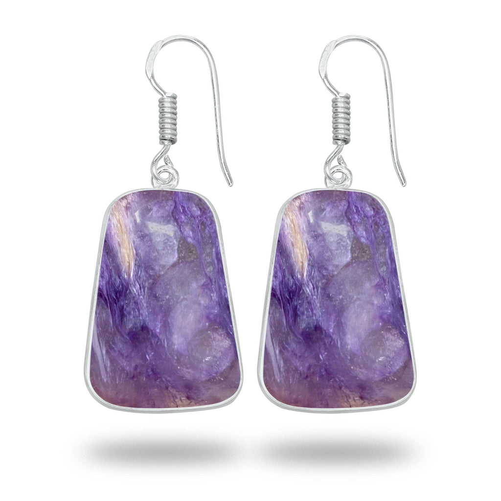 Charoite Earrings – Silver-Plated Bezel, Handmade Design