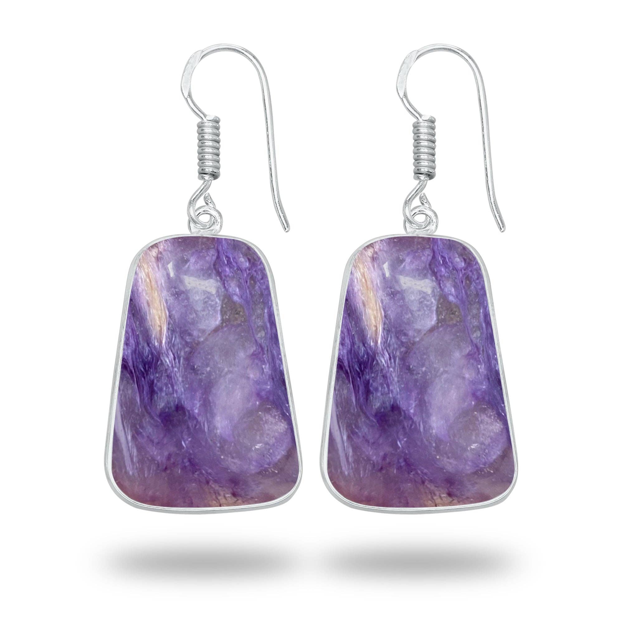 Charoite Earrings – Silver-Plated Bezel, Handmade Design