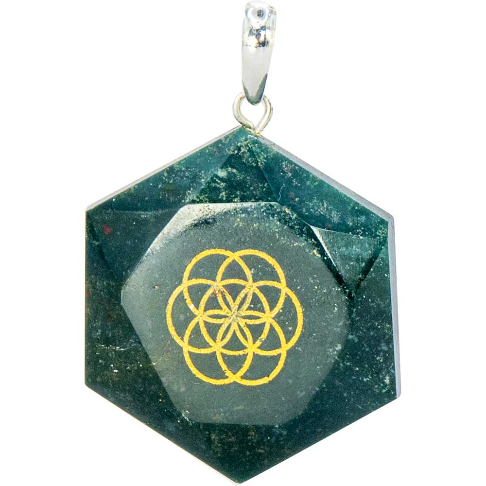 Gemstone Pendant Faceted Hexagon Seed of Life - Bloodstone: Bloodstone