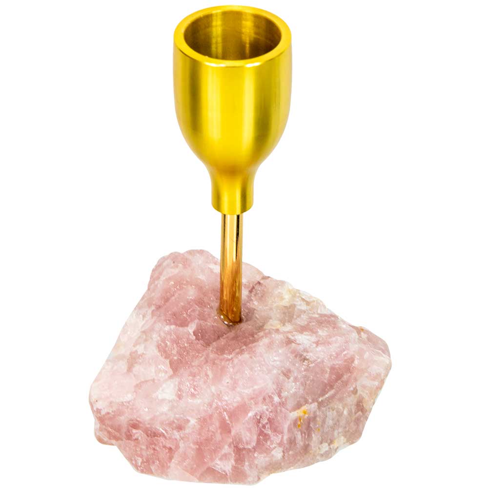 Brass Taper Candle Holder - Rough Rose Quartz (Each): Rose quartz