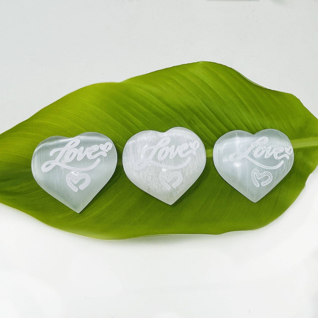 Selenite Engraved "Love"  Crystal Heart