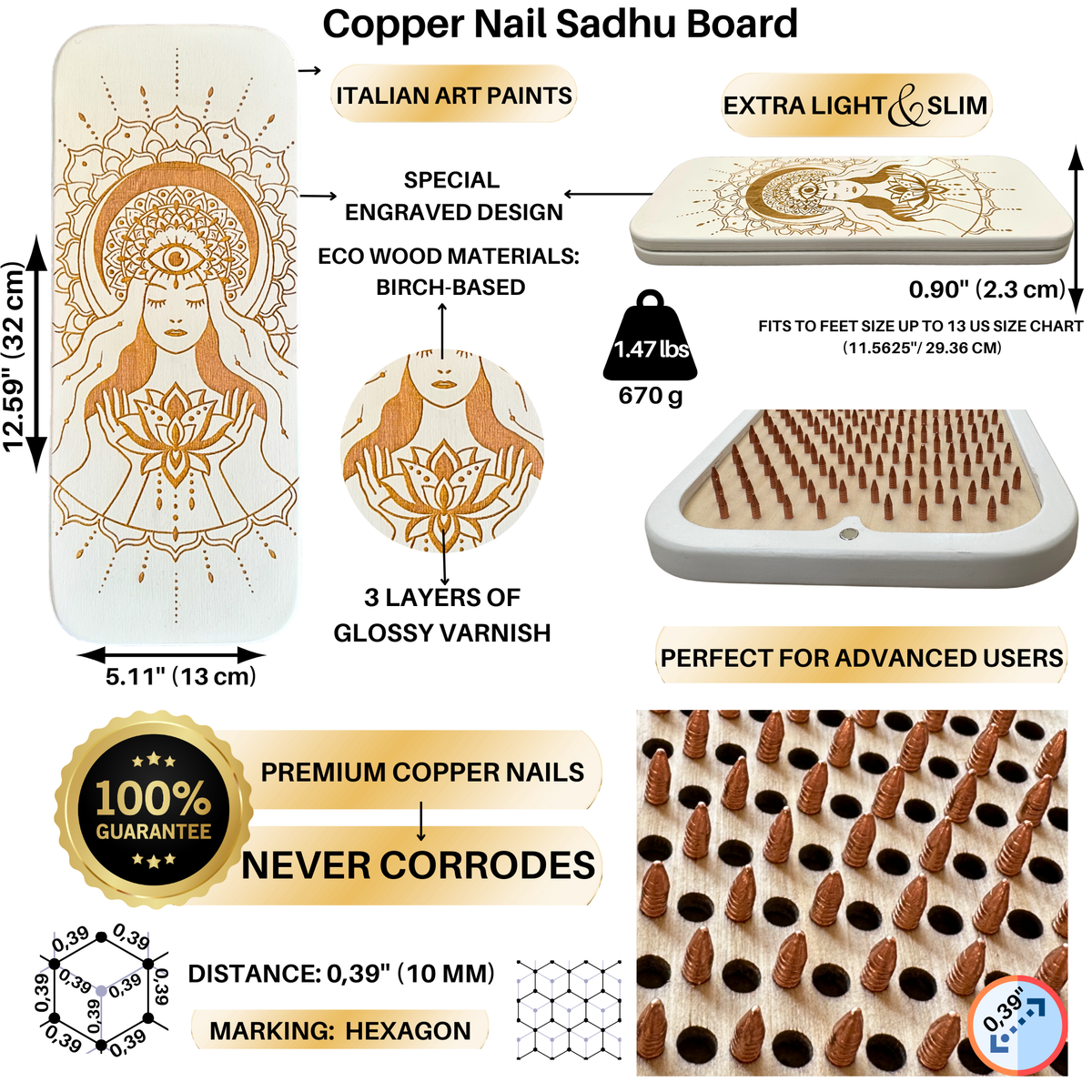 Sadhu Board with Copper Nails, 10mm (0.39 in) – White Gold Color - Most Popular | Tengry