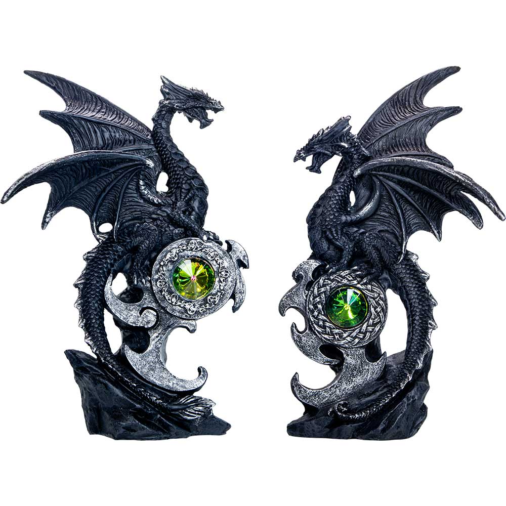 Polyresin Winged Dragon Perched on Shield w/Gem (Set of 2): Dragon
