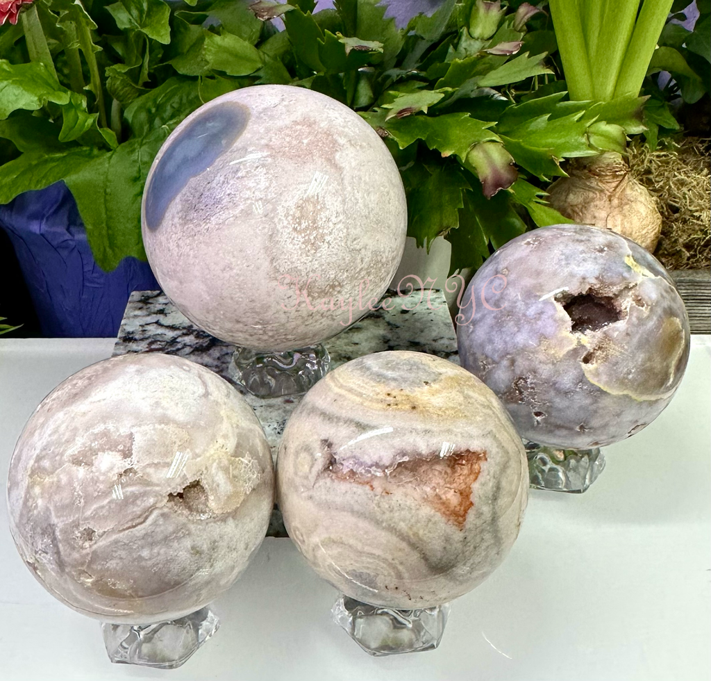 4Pcs Natural Pink Amethyst w Flower Agate Sphere 3.8-4 lbs