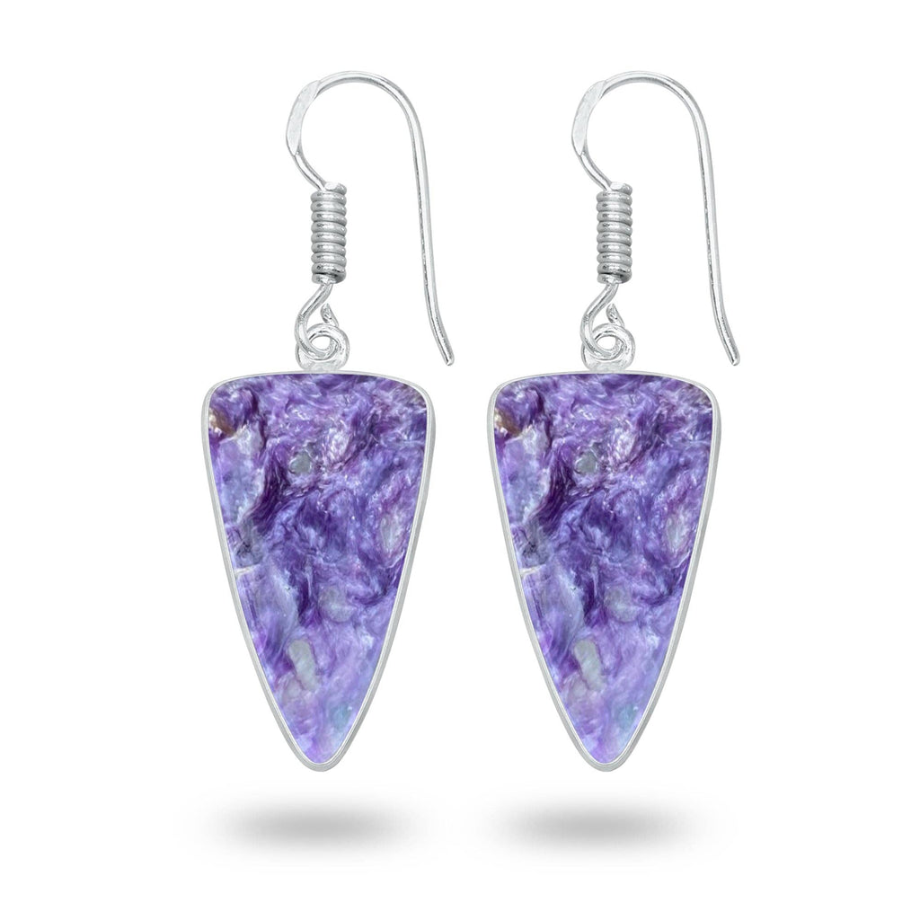 Charoite Earrings – Silver-Plated Bezel, Handmade Design
