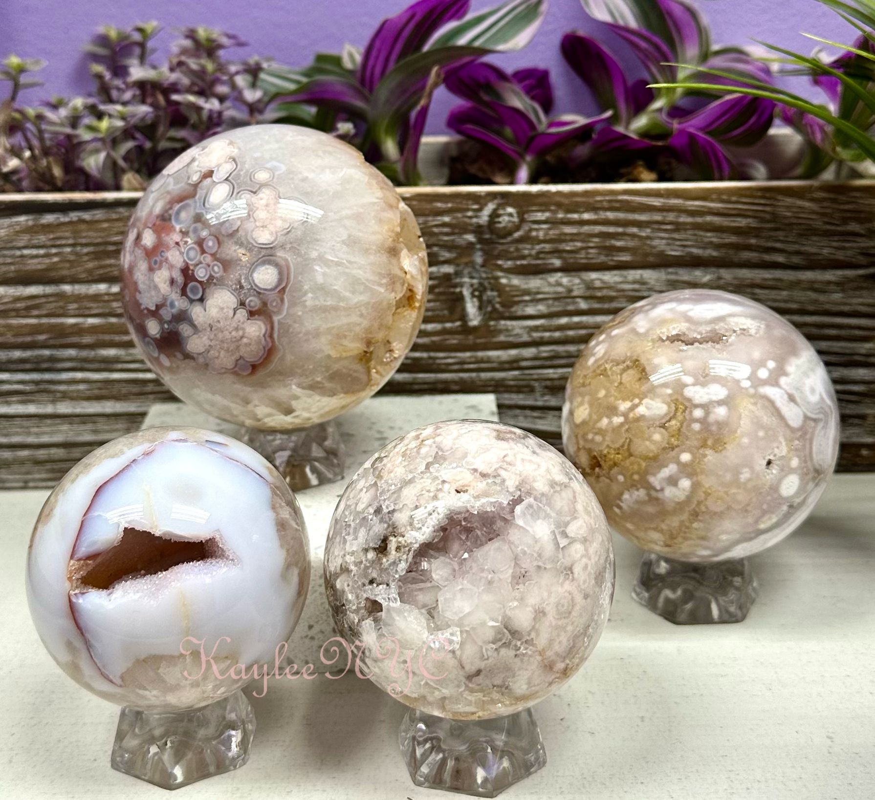 4Pcs Natural Pink Amethyst w Flower Agate Sphere 3.8-4 lbs