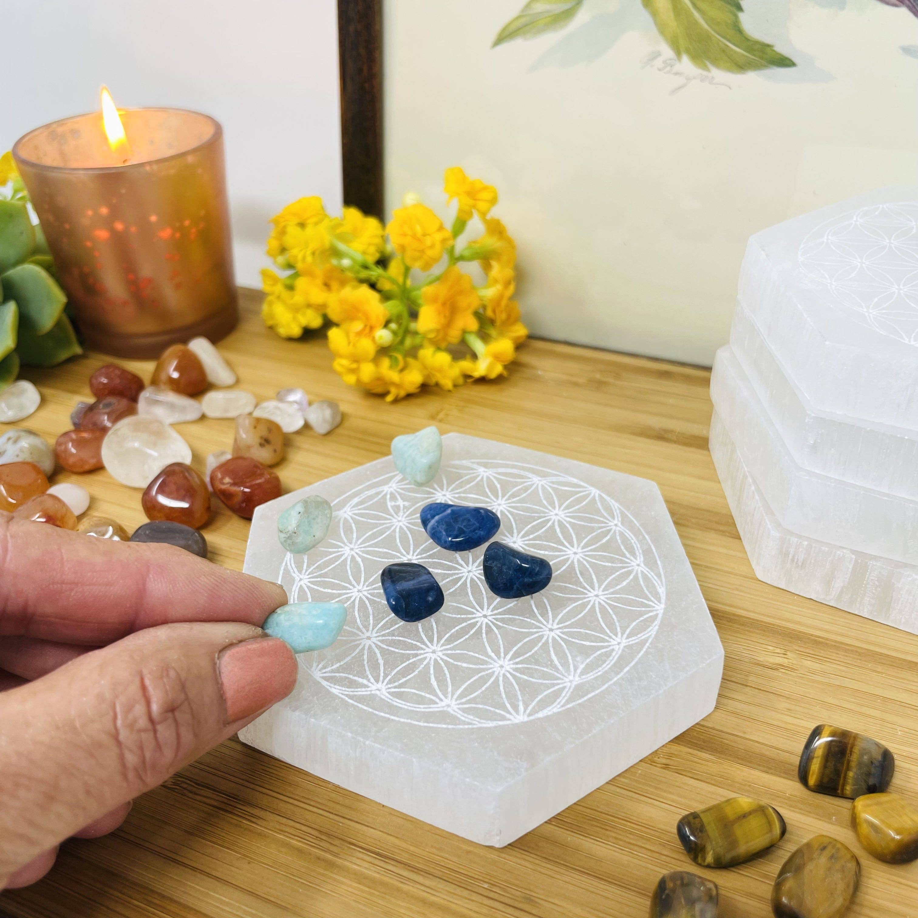Crystal Selenite Hexagon Engraved Flower of Life