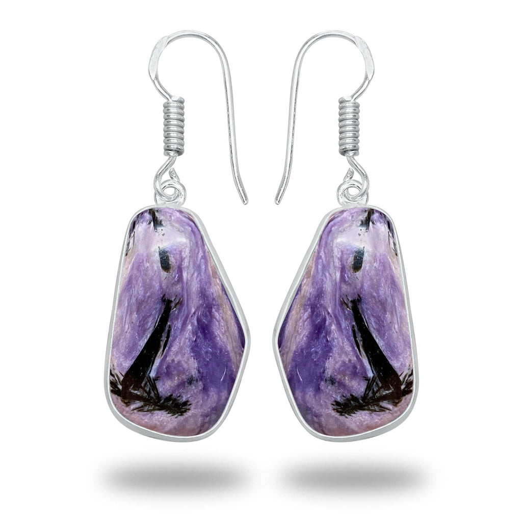 Charoite Earrings – Silver-Plated Bezel, Handmade Design