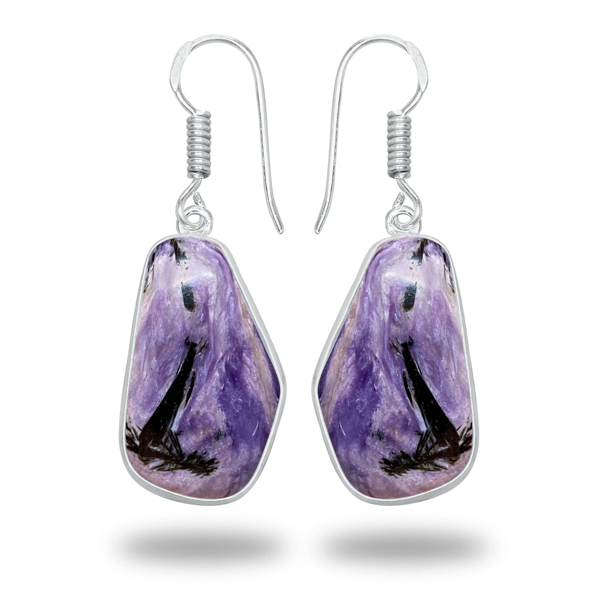 Charoite Earrings – Silver-Plated Bezel, Handmade Design