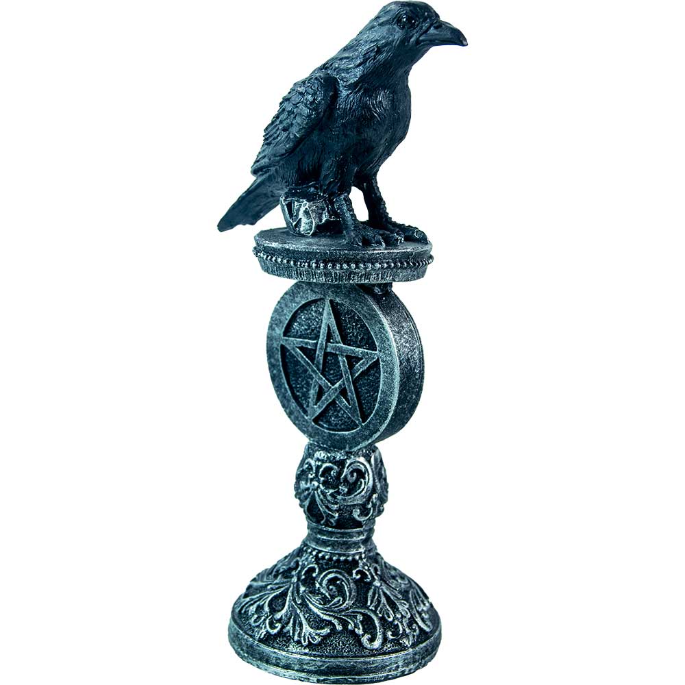 Polyresin Raven Figurine On Pentacle Pedestal Antique Silver: Polyresin