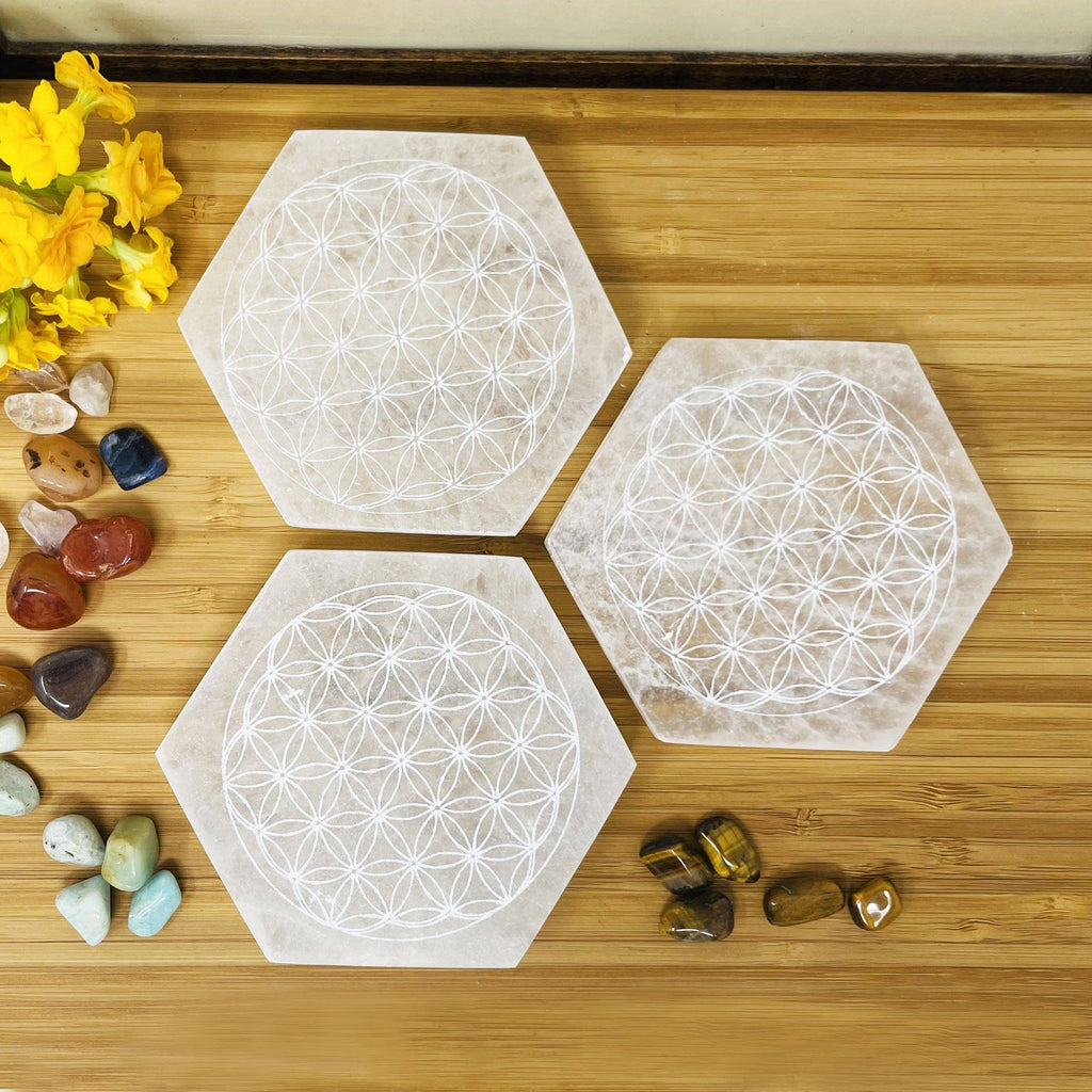 Crystal Selenite Hexagon Engraved Flower of Life