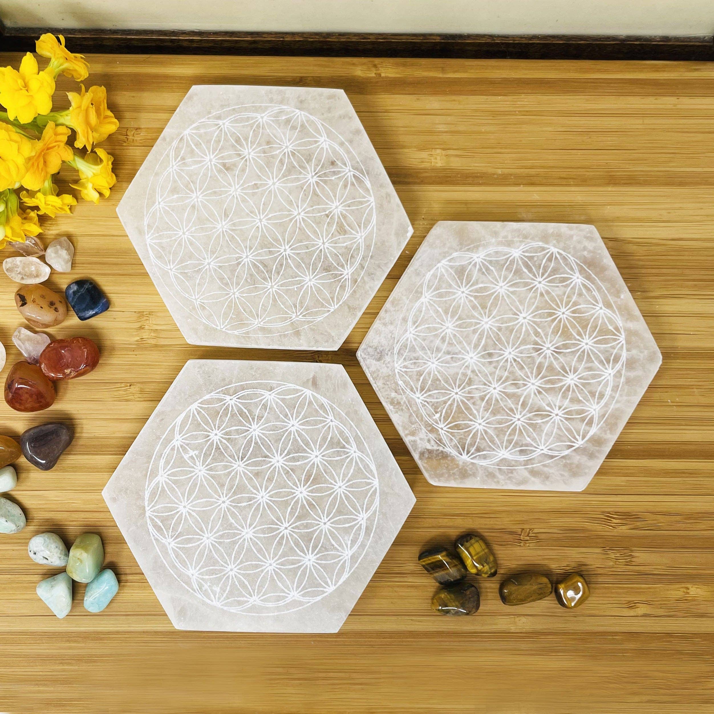 Crystal Selenite Hexagon Engraved Flower of Life