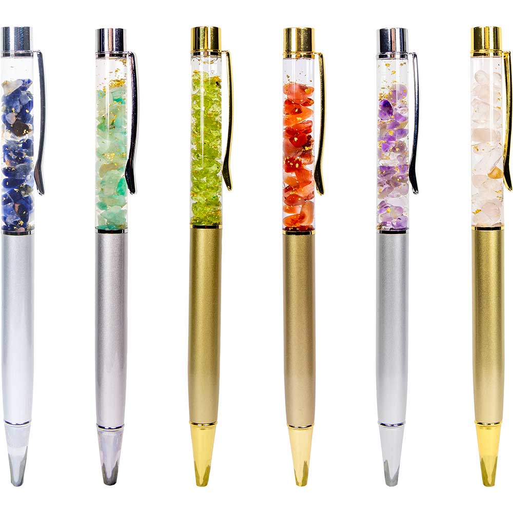 Gemstone Pen Ass't w/ 23K Pure Gold Flakes Display of 36: Gold Flakes