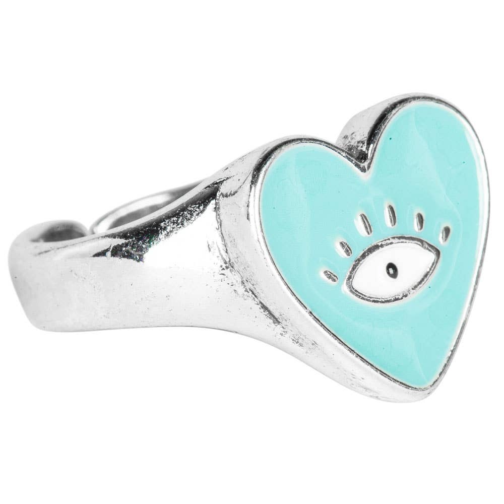 TEAL HEART EVIL EYE ADJUSTABLE RING