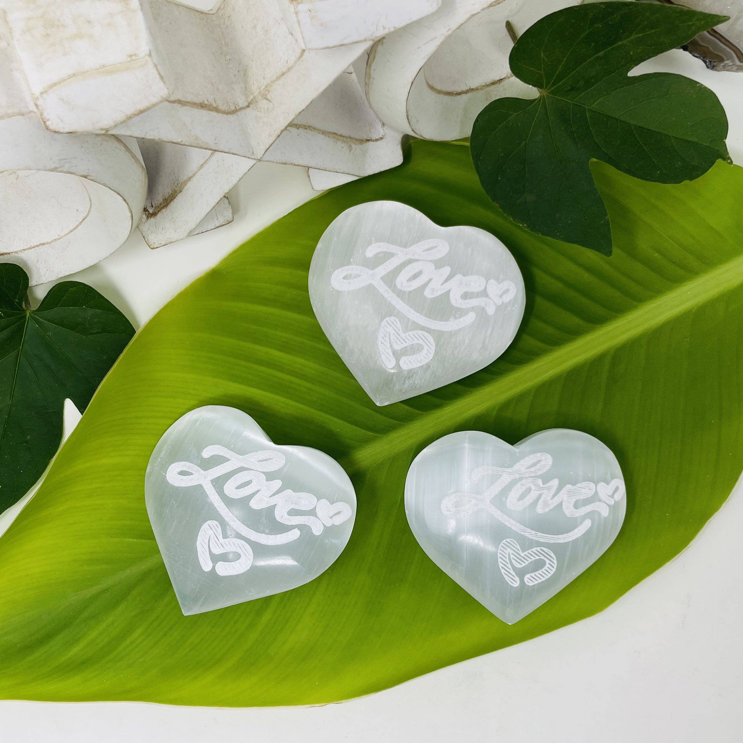 Selenite Engraved "Love"  Crystal Heart