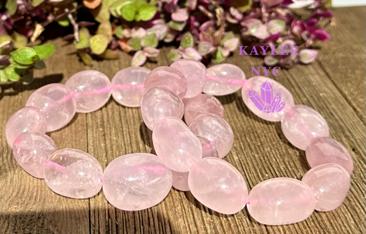 ~15 Rose Quartz Natural Crystal tumble Stretch Bracelet 8”