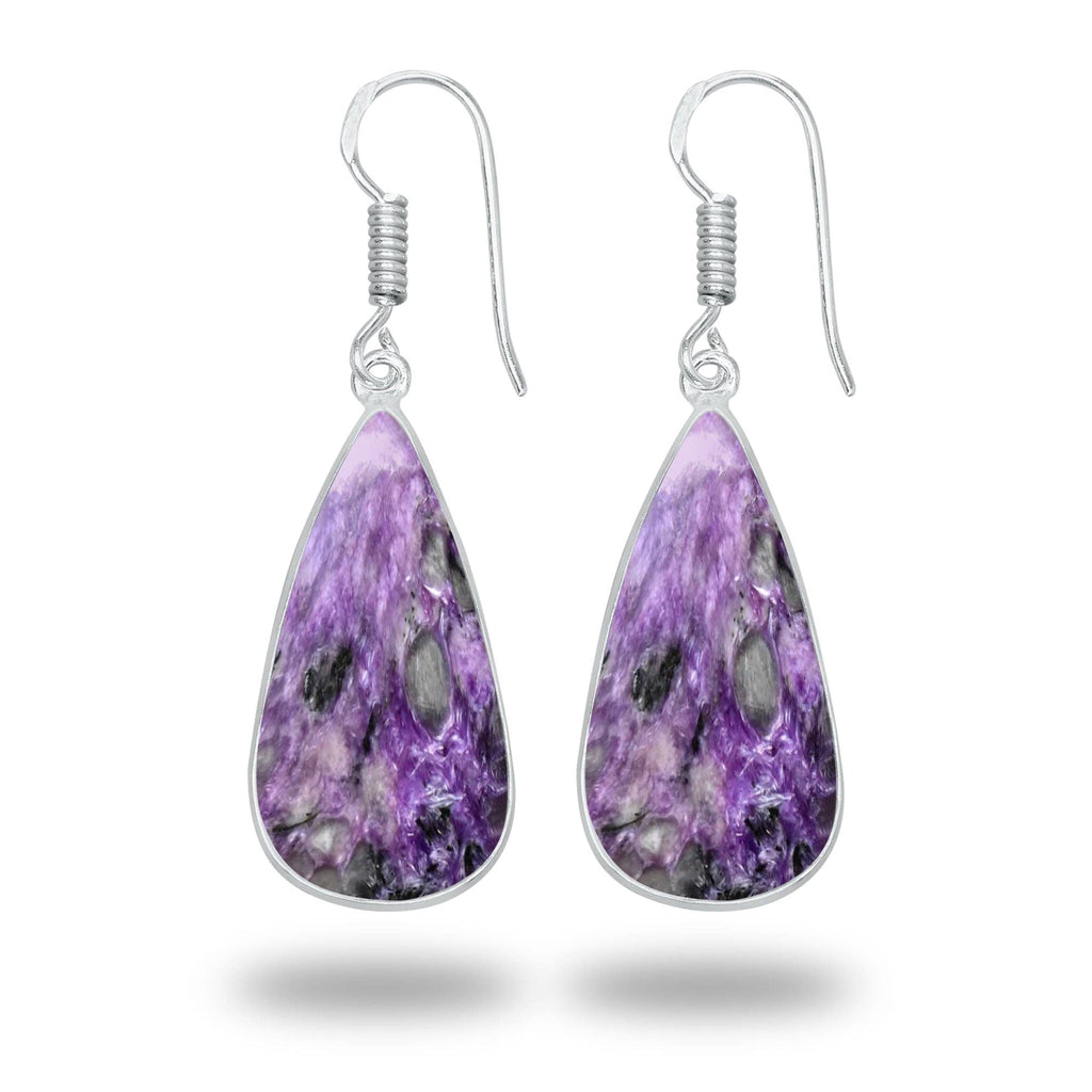Charoite Earrings – Silver-Plated Bezel, Handmade Design