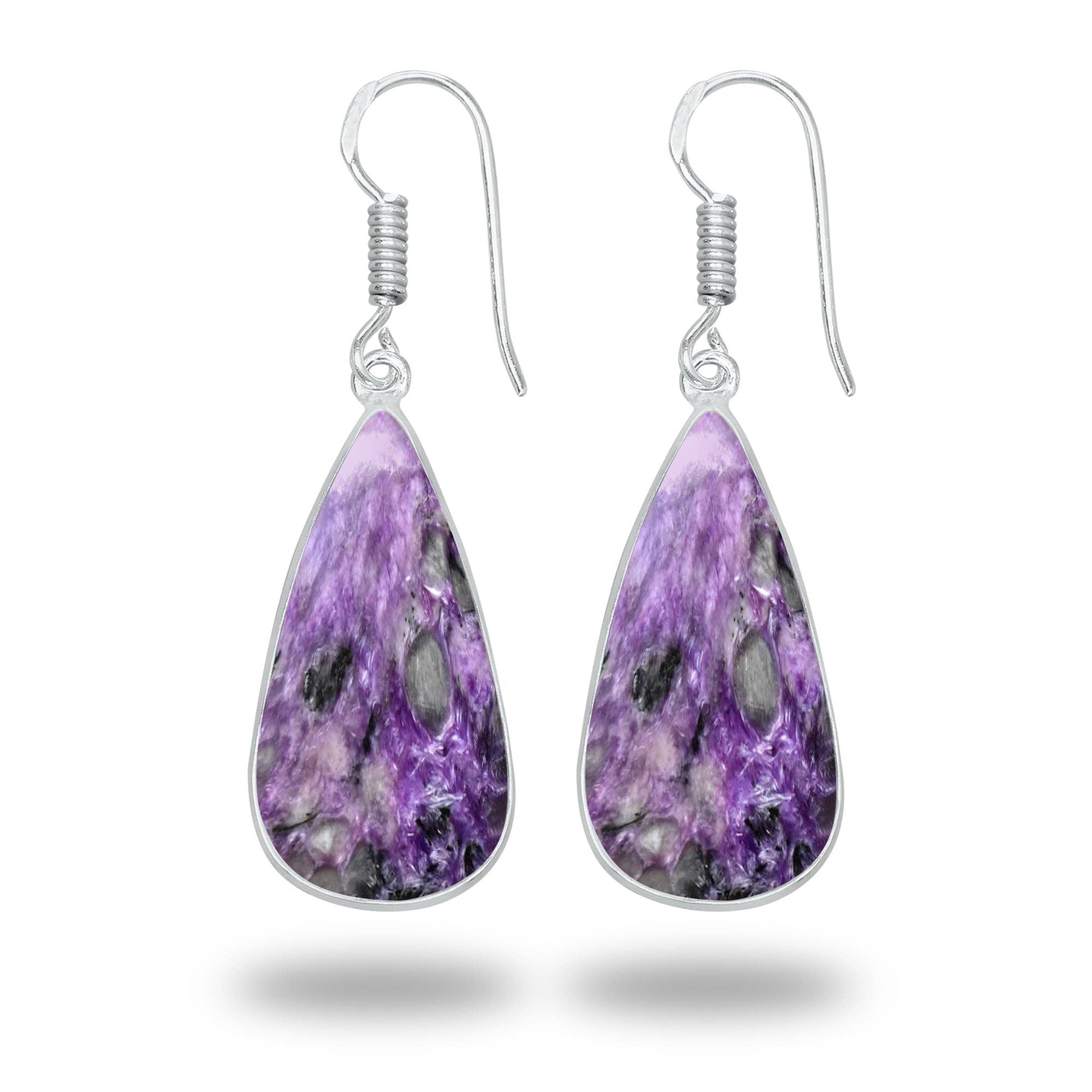 Charoite Earrings – Silver-Plated Bezel, Handmade Design