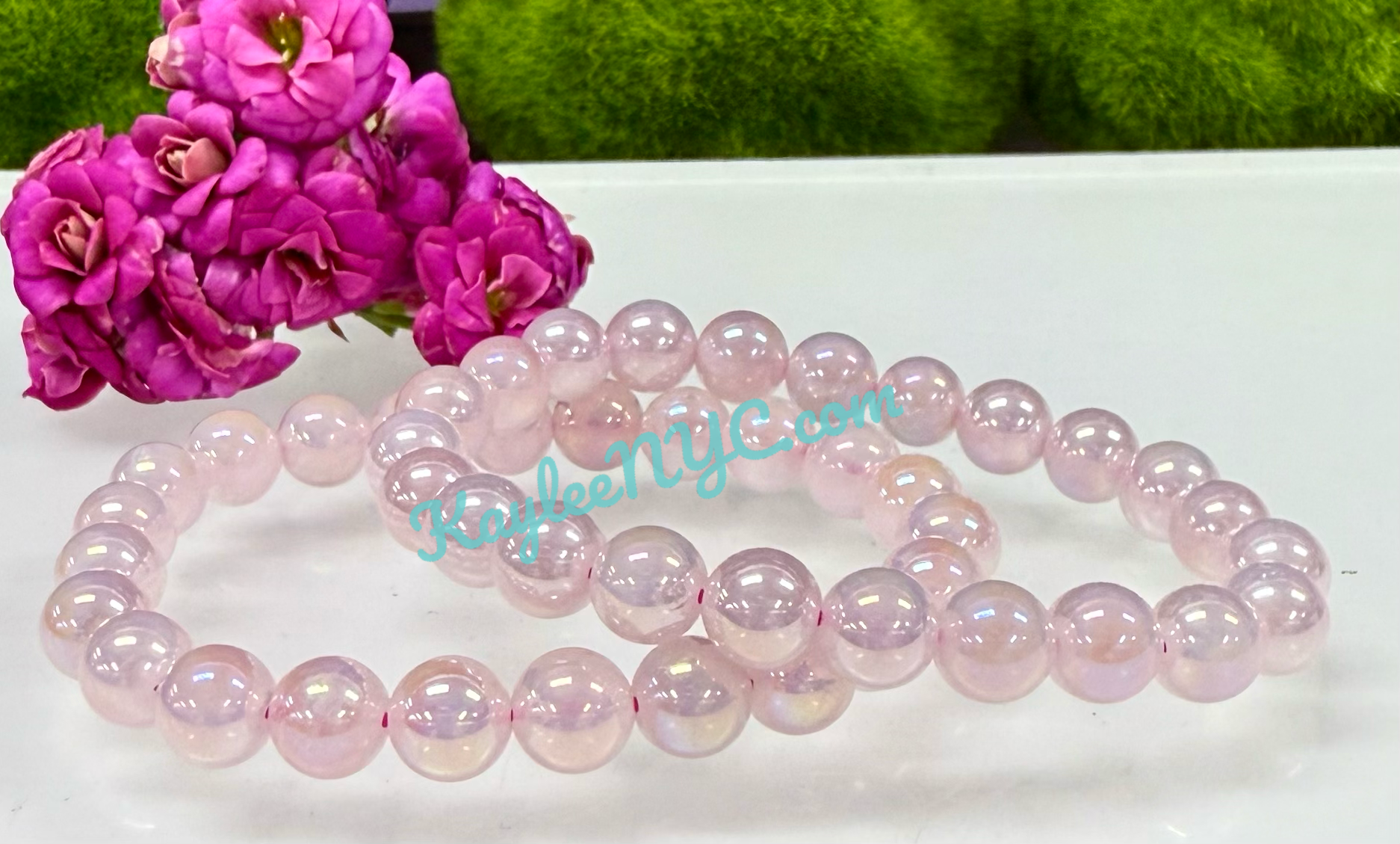 8mm Aura Rose Quartz Crystal Healing Stretch Bracelet 7.5"