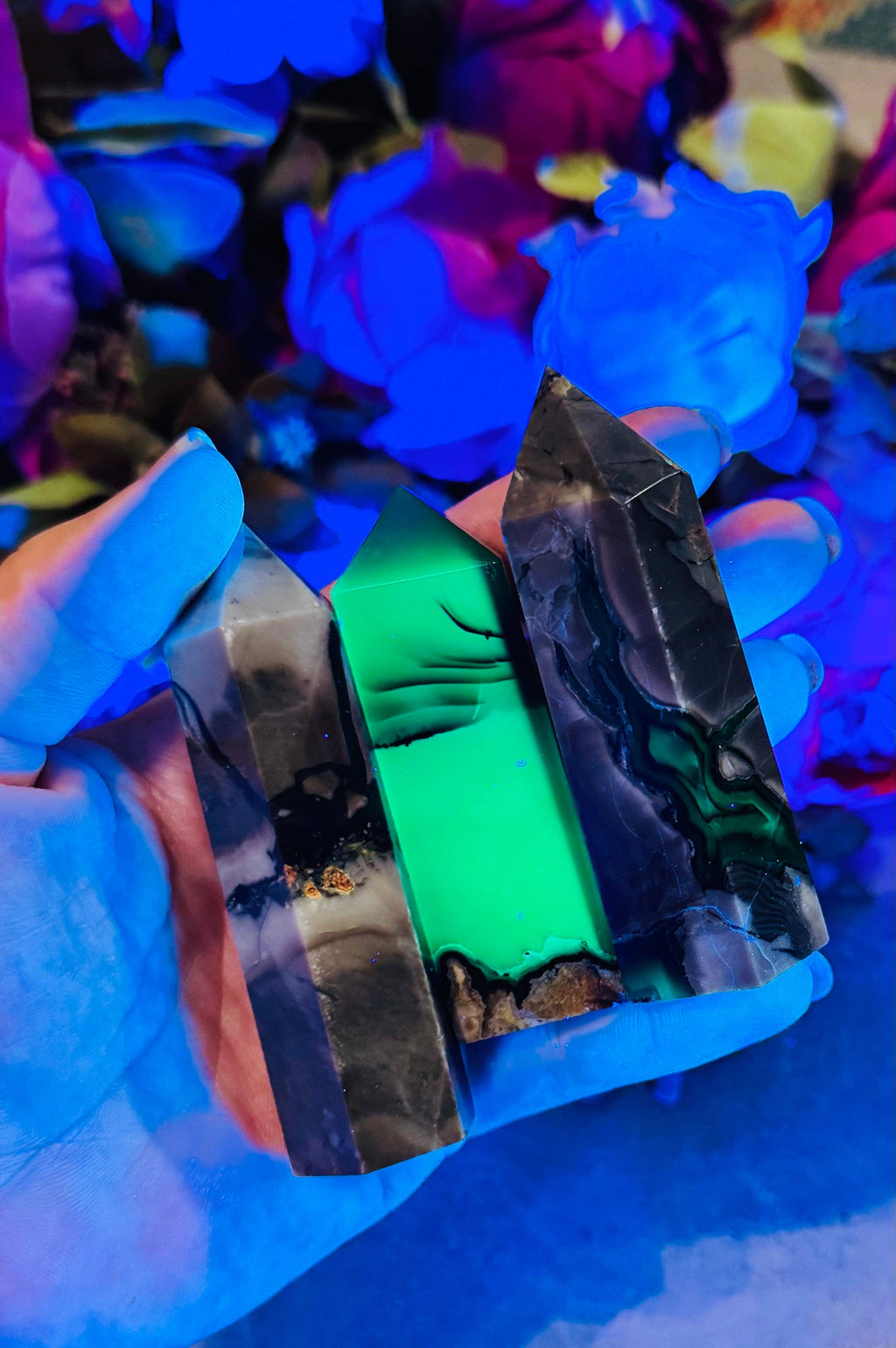 Volcano Agate Towers, UV Fluorescent Green Crystals: 50-74 Grams