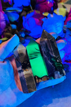 Volcano Agate Towers, UV Fluorescent Green Crystals: 100-124 Grams