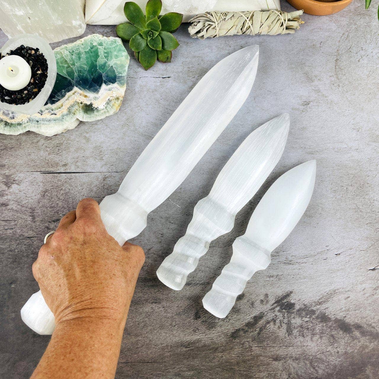 Hand Carved Crystal Selenite Knife with Twisted Handle: 25cm
