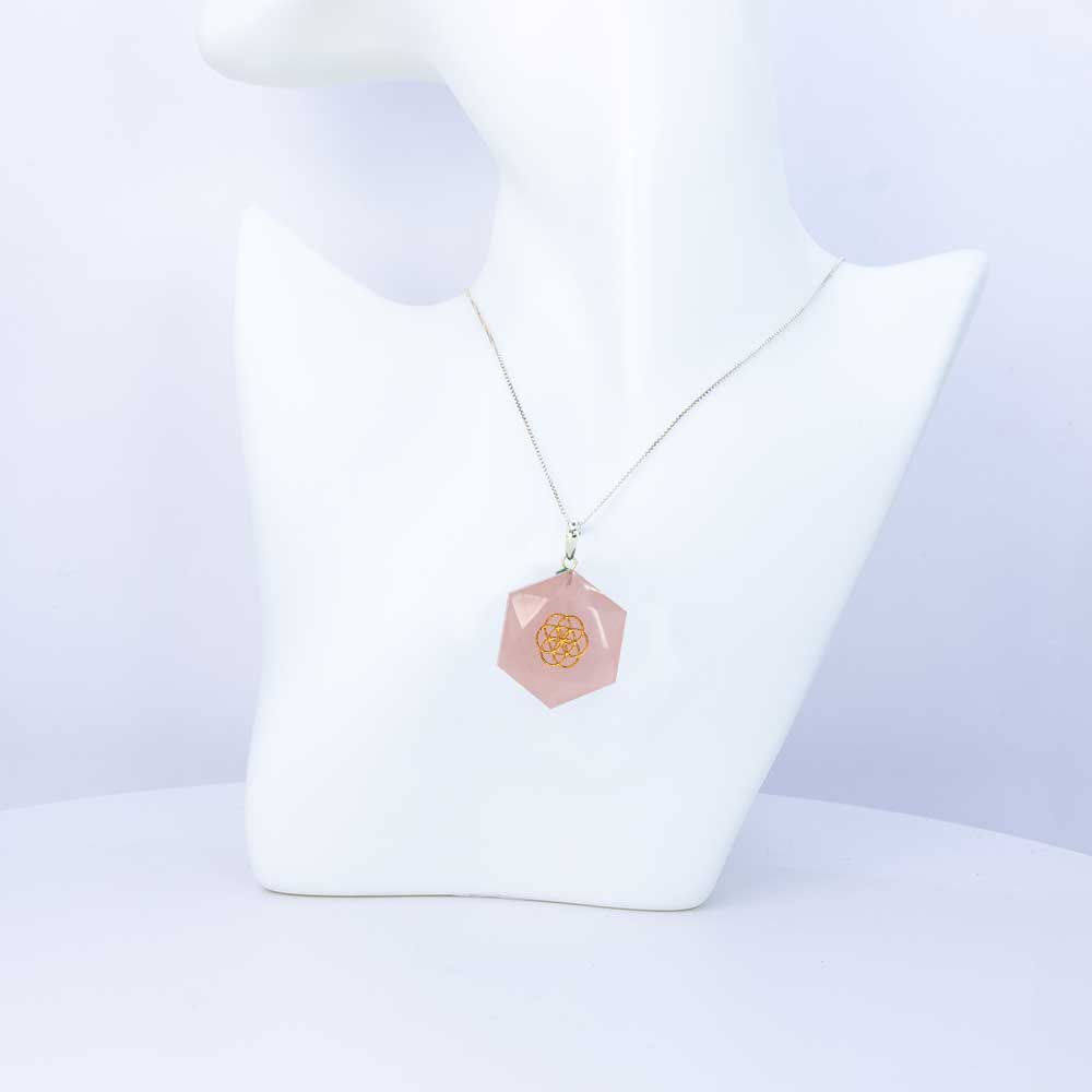 Pendant Faceted Hexagon Seed of Life - Rose Quartz (Each): Rose quartz