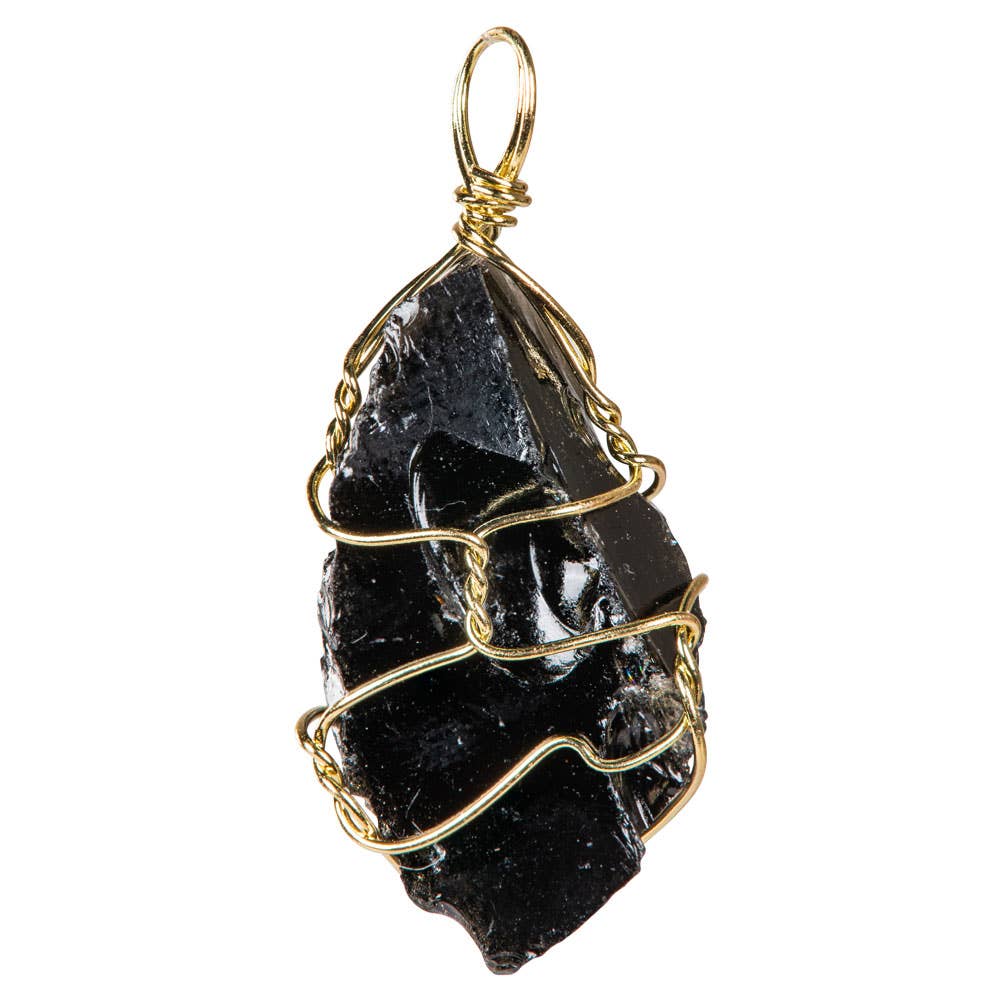 Wire Wrap Rough Stone And Gold Pendants: Black Obsidian