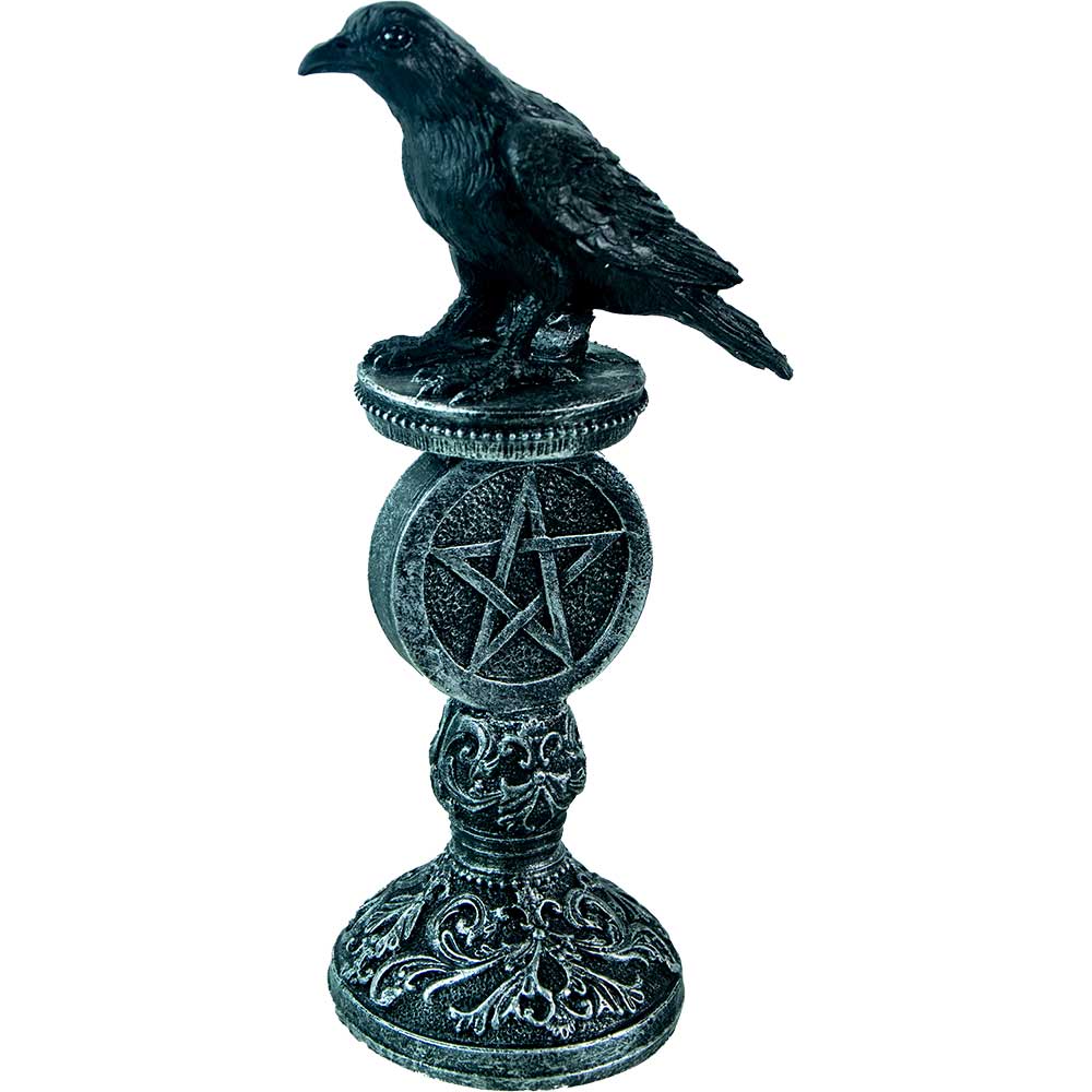 Polyresin Raven Figurine On Pentacle Pedestal Antique Silver: Polyresin