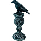 Polyresin Raven Figurine On Pentacle Pedestal Antique Silver: Polyresin