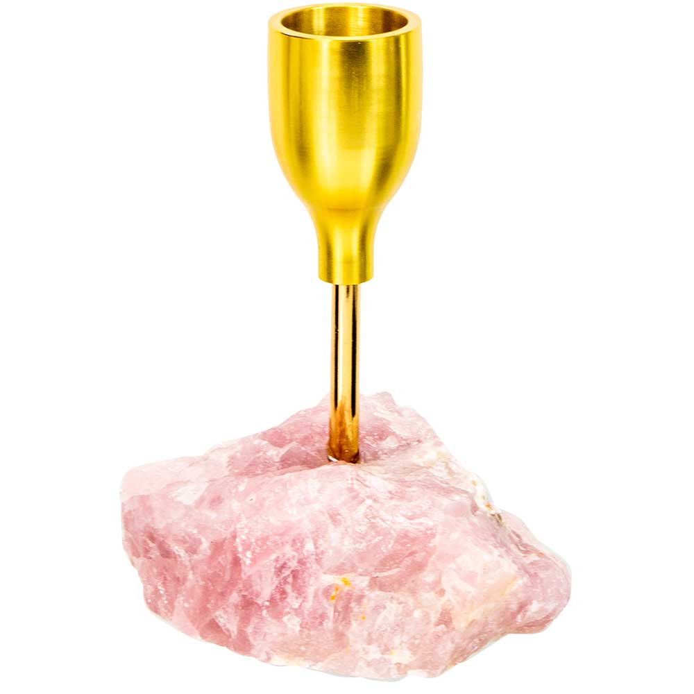 Brass Taper Candle Holder - Rough Rose Quartz (Each): Rose quartz