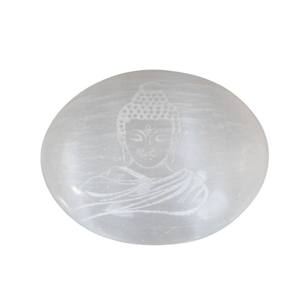 Buddha Engraved Selenite Palm Stone