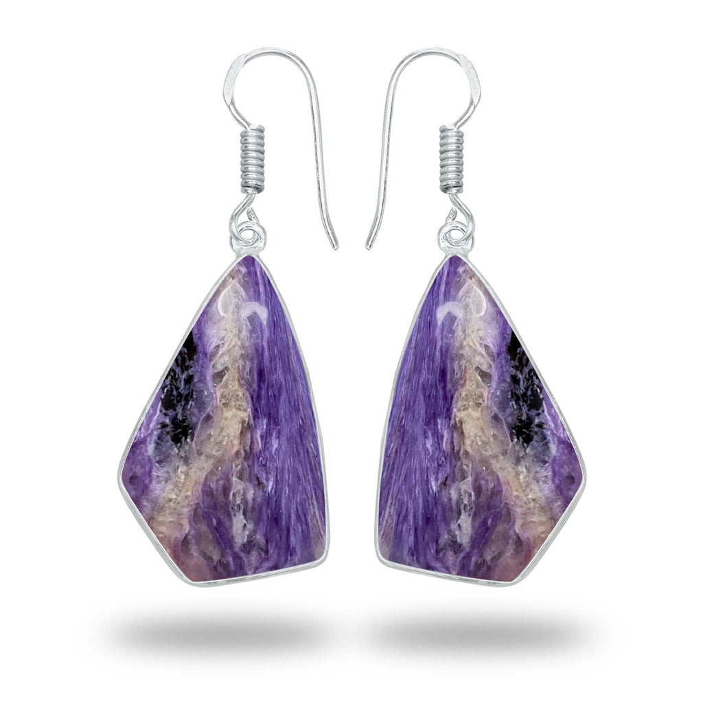 Charoite Earrings – Silver-Plated Bezel, Handmade Design