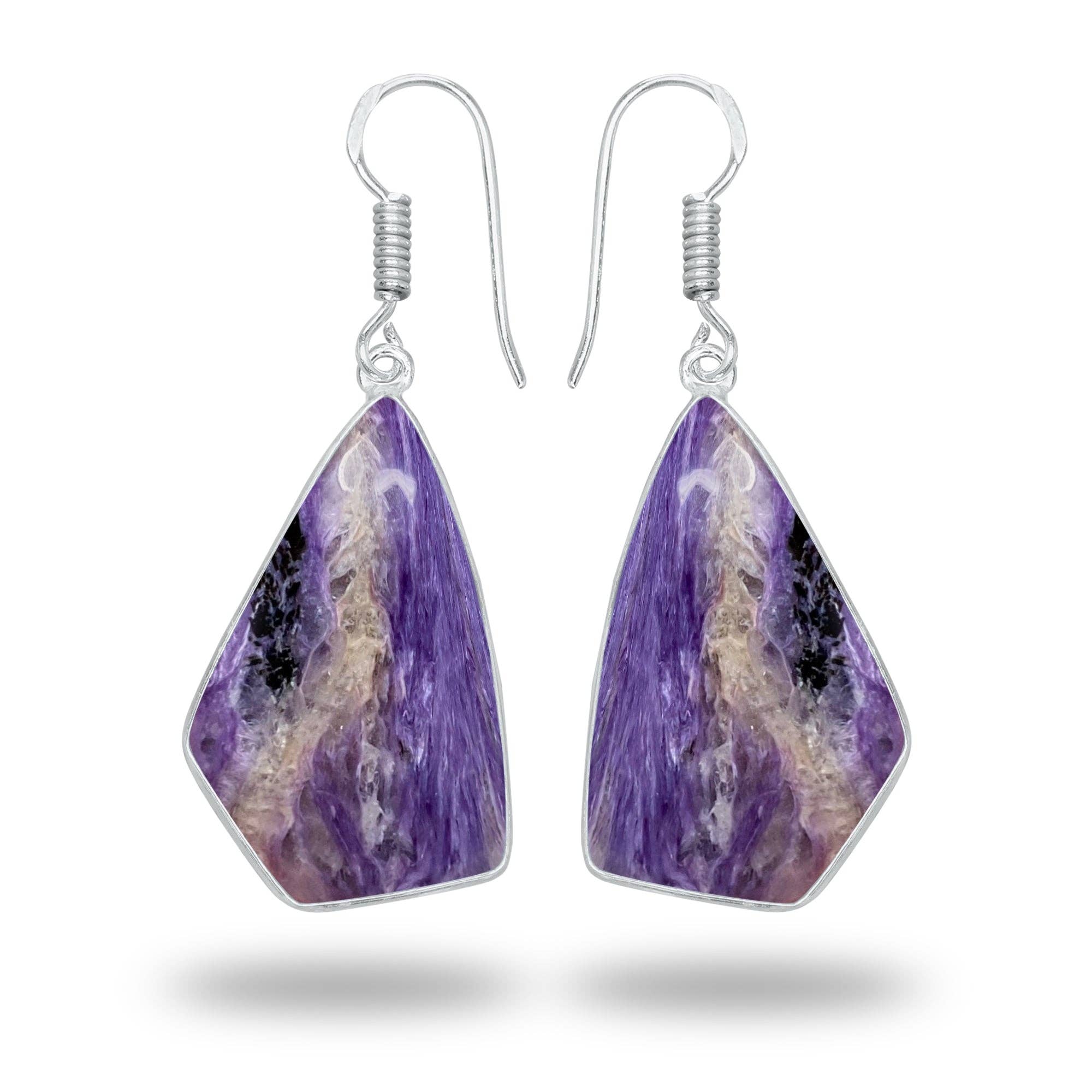 Charoite Earrings – Silver-Plated Bezel, Handmade Design