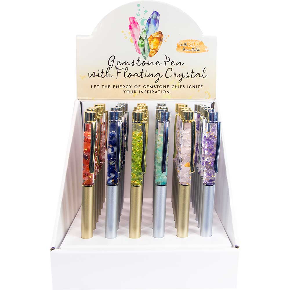 Gemstone Pen Ass't w/ 23K Pure Gold Flakes Display of 36: Gold Flakes